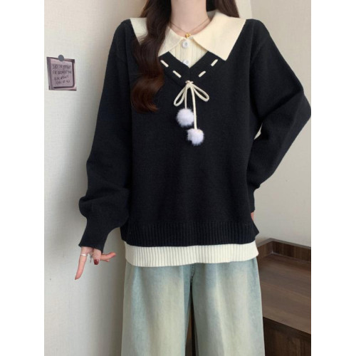 學院風polo領正肩毛衣女2025秋季大碼胖mm遮肚子針織衫假兩件上衣