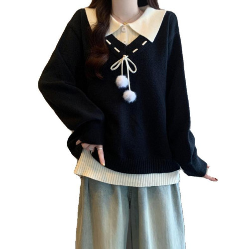 學院風polo領正肩毛衣女2025秋季大碼胖mm遮肚子針織衫假兩件上衣