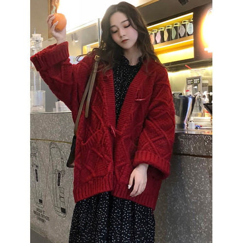 毛衣外套女開衫寬松慵懶風中長款加厚2025秋冬紅色本命年針織外套