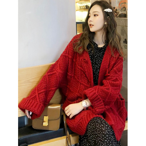 毛衣外套女開衫寬松慵懶風中長款加厚2025秋冬紅色本命年針織外套