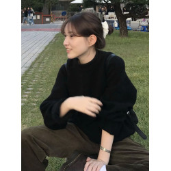 韓系復古慵懶風黑色套頭浣熊絨毛衣女秋冬加厚內搭針織衫寬松上衣
