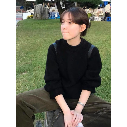 韓系復古慵懶風黑色套頭浣熊絨毛衣女秋冬加厚內搭針織衫寬松上衣