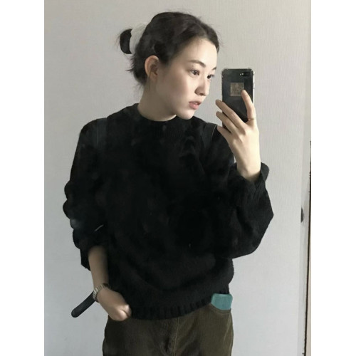 韓系復古慵懶風黑色套頭浣熊絨毛衣女秋冬加厚內搭針織衫寬松上衣