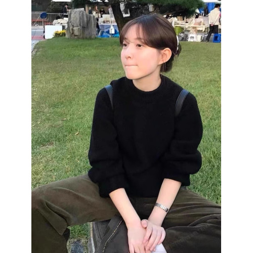 韓系復古慵懶風黑色套頭浣熊絨毛衣女秋冬加厚內搭針織衫寬松上衣