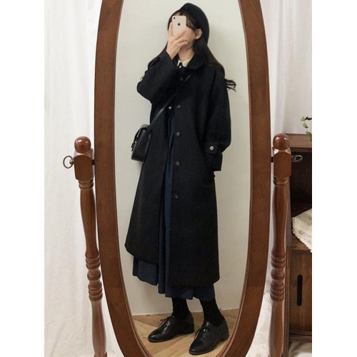 毛呢外套女小個子2024新款秋冬季高級感韓系赫本風厚黑色呢子大衣 毛呢外套女小個子2024新款秋冬季高級感韓系赫本風厚黑色呢子大衣