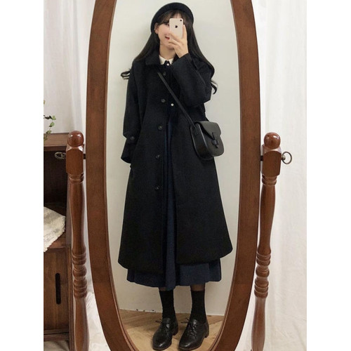 毛呢外套女小個子2024新款秋冬季高級感韓系赫本風厚黑色呢子大衣 毛呢外套女小個子2024新款秋冬季高級感韓系赫本風厚黑色呢子大衣