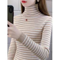堆堆領條紋針織衫上衣秋冬新款洋氣高領內搭修身打底衫厚毛衣女裝