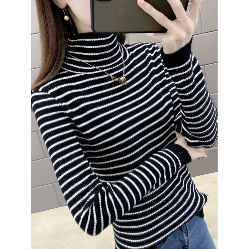 堆堆領條紋針織衫上衣秋冬新款洋氣高領內搭修身打底衫厚毛衣女裝