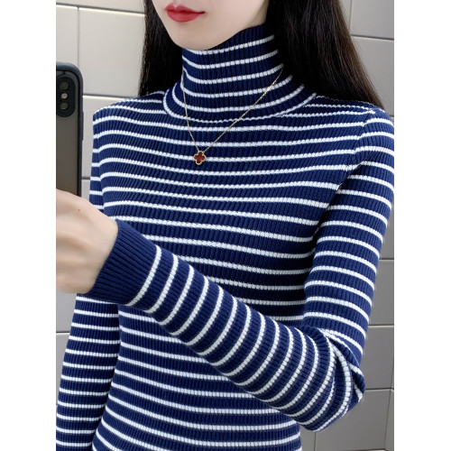 堆堆領條紋針織衫上衣秋冬新款洋氣高領內搭修身打底衫厚毛衣女裝