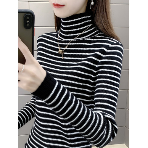 堆堆領條紋針織衫上衣秋冬新款洋氣高領內搭修身打底衫厚毛衣女裝