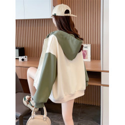 2025年秋季新款撞色拼接連帽開衫外套女韓版寬松高級感棒球服上衣