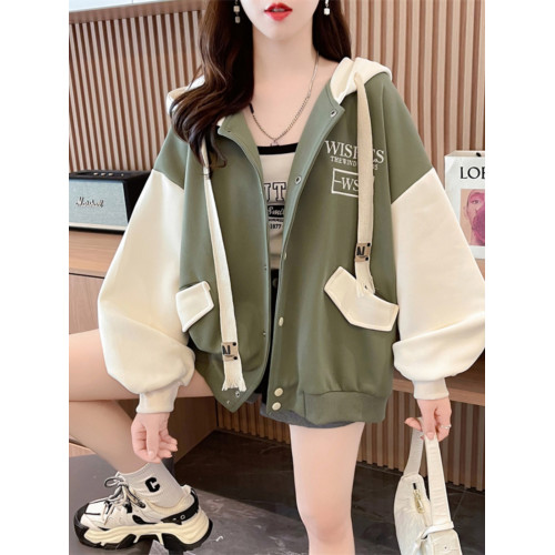 2025年秋季新款撞色拼接連帽開衫外套女韓版寬松高級感棒球服上衣 2025年秋季新款撞色拼接連帽開衫外套女韓版寬松高級感棒球服上衣