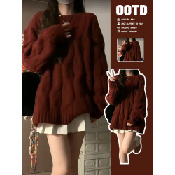 慵懶風酒紅色毛衣女秋冬季2025新款高級感內搭厚上衣秋冬聖誕穿搭