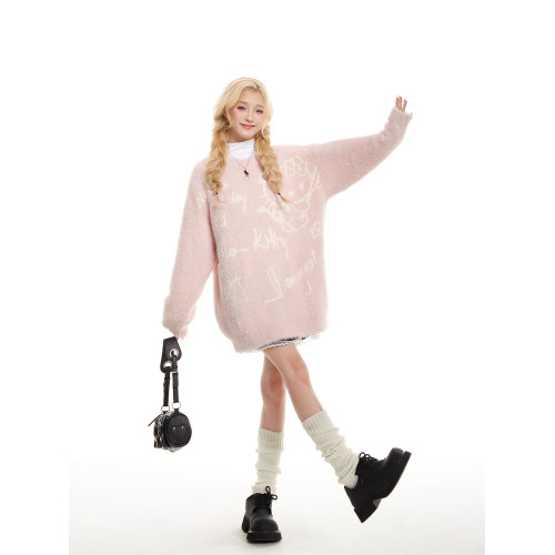 NERESUM日系甜酷馬海毛kitty貓粉色毛衣女秋冬奶fufu慵懶風針織衫