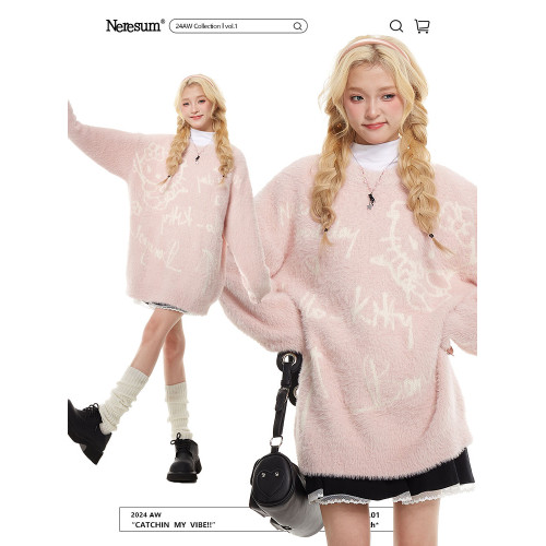 NERESUM日系甜酷馬海毛kitty貓粉色毛衣女秋冬奶fufu慵懶風針織衫