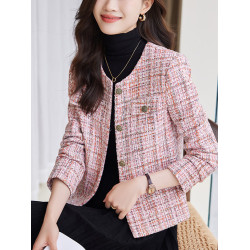 高級氣質冬季小香風毛呢外套高級感2025春秋新款女士短款粉色上衣