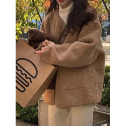 新款高級韓系溫柔小衆設計感加厚羊羔毛外套女冬咖色短款口袋夾克