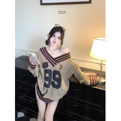 美式復古字母麻花條紋v領毛衣女秋冬小個子慵懶風寬松中長款針織