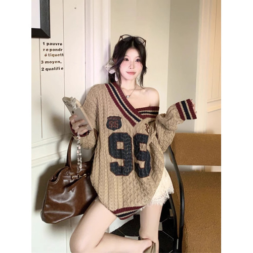 美式復古字母麻花條紋v領毛衣女秋冬小個子慵懶風寬松中長款針織 美式復古字母麻花條紋v領毛衣女秋冬小個子慵懶風寬松中長款針織