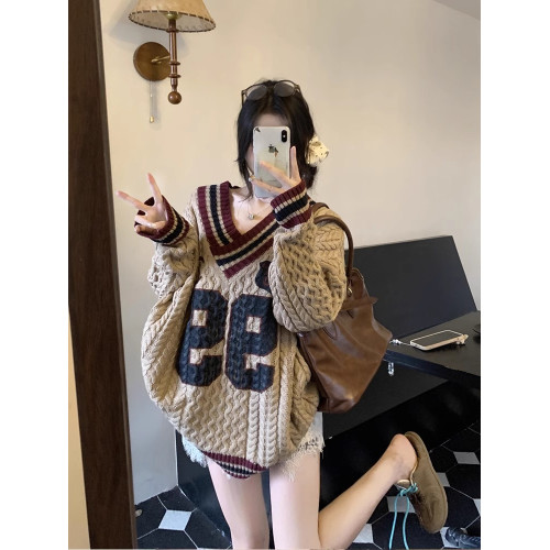 美式復古字母麻花條紋v領毛衣女秋冬小個子慵懶風寬松中長款針織 美式復古字母麻花條紋v領毛衣女秋冬小個子慵懶風寬松中長款針織