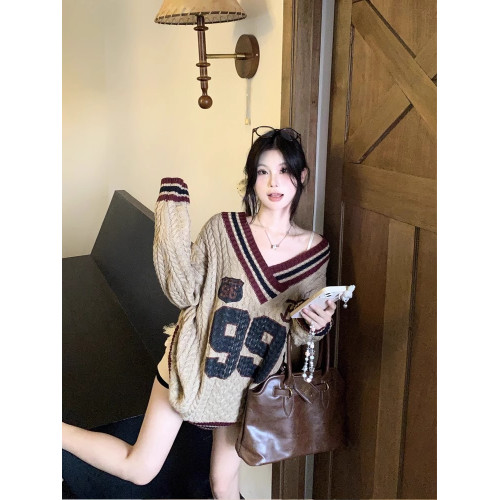 美式復古字母麻花條紋v領毛衣女秋冬小個子慵懶風寬松中長款針織 美式復古字母麻花條紋v領毛衣女秋冬小個子慵懶風寬松中長款針織