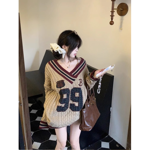 美式復古字母麻花條紋v領毛衣女秋冬小個子慵懶風寬松中長款針織 美式復古字母麻花條紋v領毛衣女秋冬小個子慵懶風寬松中長款針織
