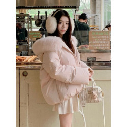 粉色羽絨服女冬季2025新款韓版寬松加厚保暖大毛領麵包服外套女款