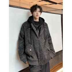 毛呢外套男秋冬季加厚高級感cleanfit假兩件連帽美式復古呢子夾克