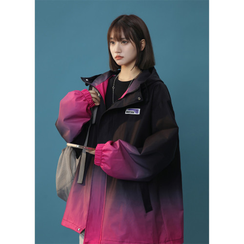 紥染漸變色連帽沖鋒衣夾克女加肥大碼胖MM寬松百搭休閒棒球服外套 紥染漸變色連帽沖鋒衣夾克女加肥大碼胖MM寬松百搭休閒棒球服外套