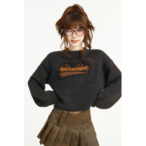 美式灰色短款針織毛衣女秋冬冬季設計感小衆正肩寬松外穿內搭上衣 美式灰色短款針織毛衣女秋冬冬季設計感小衆正肩寬松外穿內搭上衣