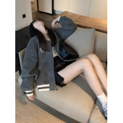 學院風小個子復古棒球服徽章撞色寬松春秋冬新款減齡大衣短外套女