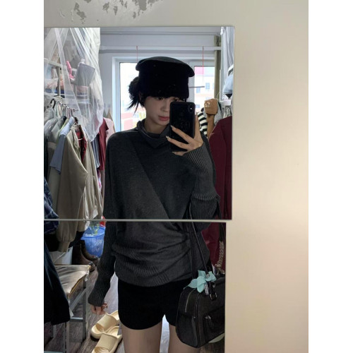 韓系不規則高領毛衣女秋冬2025新款松弛感慵懶風蝙蝠袖針織衫上衣