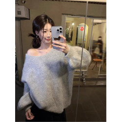 miu系高級感蝴蝶結露背v領毛衣女2025秋冬新款慵懶外穿寬松針織衫