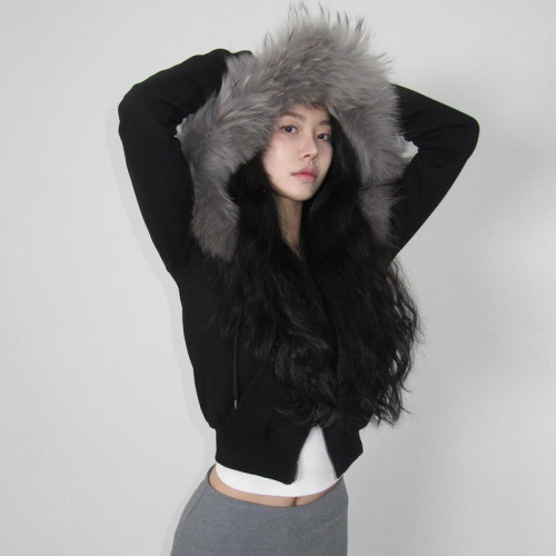 FabGirls 冬日古早雙拉頭毛毛連帽衛衣外套 小衆百搭顯瘦休閒上衣 FabGirls 冬日古早雙拉頭毛毛連帽衛衣外套 小衆百搭顯瘦休閒上衣