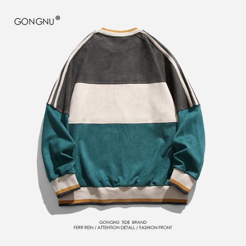 美式潮牌拼接麂皮絨設計感圓領衛衣男女ins街頭寬松情侶套頭上衣 美式潮牌拼接麂皮絨設計感圓領衛衣男女ins街頭寬松情侶套頭上衣