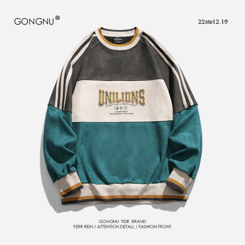 美式潮牌拼接麂皮絨設計感圓領衛衣男女ins街頭寬松情侶套頭上衣 美式潮牌拼接麂皮絨設計感圓領衛衣男女ins街頭寬松情侶套頭上衣