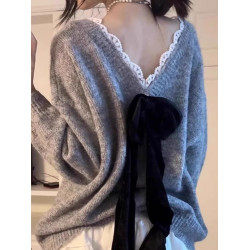 黑色蝴蝶結露背v領毛衣女秋冬2024新款慵懶風高級感寬松針織上衣