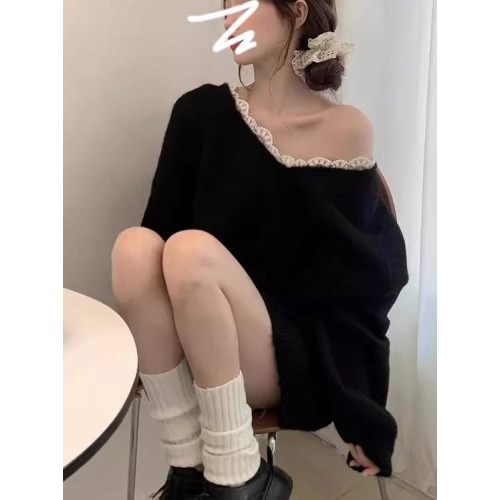 黑色蝴蝶結露背v領毛衣女秋冬2024新款慵懶風高級感寬松針織上衣 黑色蝴蝶結露背v領毛衣女秋冬2024新款慵懶風高級感寬松針織上衣