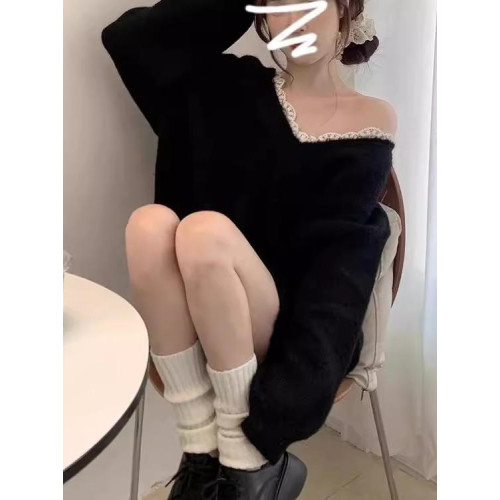 黑色蝴蝶結露背v領毛衣女秋冬2024新款慵懶風高級感寬松針織上衣 黑色蝴蝶結露背v領毛衣女秋冬2024新款慵懶風高級感寬松針織上衣