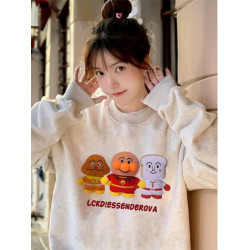 美式復古卡通麵包超人圓領大碼純棉衛衣女寬松薄款秋季胖MM上衣潮