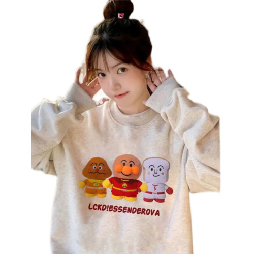 美式復古卡通麵包超人圓領大碼純棉衛衣女寬松薄款秋季胖MM上衣潮