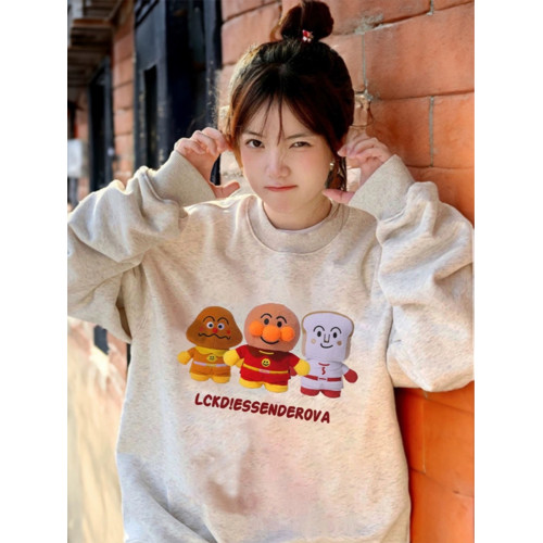 美式復古卡通麵包超人圓領大碼純棉衛衣女寬松薄款秋季胖MM上衣潮