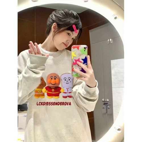 美式復古卡通麵包超人圓領大碼純棉衛衣女寬松薄款秋季胖MM上衣潮