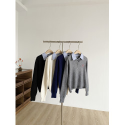 2025秋季新款韓版修身百搭慵懶感長袖毛衣時尚通勤polo領拼接衫女