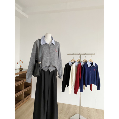 2025秋季新款韓版修身百搭慵懶感長袖毛衣時尚通勤polo領拼接衫女