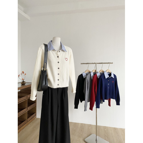 2025秋季新款韓版修身百搭慵懶感長袖毛衣時尚通勤polo領拼接衫女