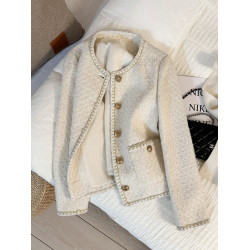 米白色氣質洋氣粗花呢小香風短外套女2025秋冬新款爆款圓領上衣潮