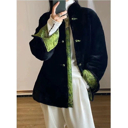 兩面穿風香雲紗真絲美利奴皮毛一體羊毛大衣皮草外套國潮女式 兩面穿風香雲紗真絲美利奴皮毛一體羊毛大衣皮草外套國潮女式