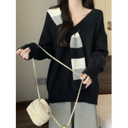 2025秋冬新款韓系綠色V領毛衣上衣大碼女裝胖mm寬松慵懶風針織衫