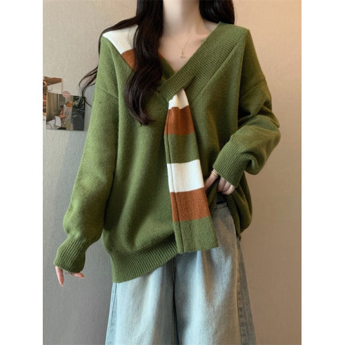 2025秋冬新款韓系綠色V領毛衣上衣大碼女裝胖mm寬松慵懶風針織衫